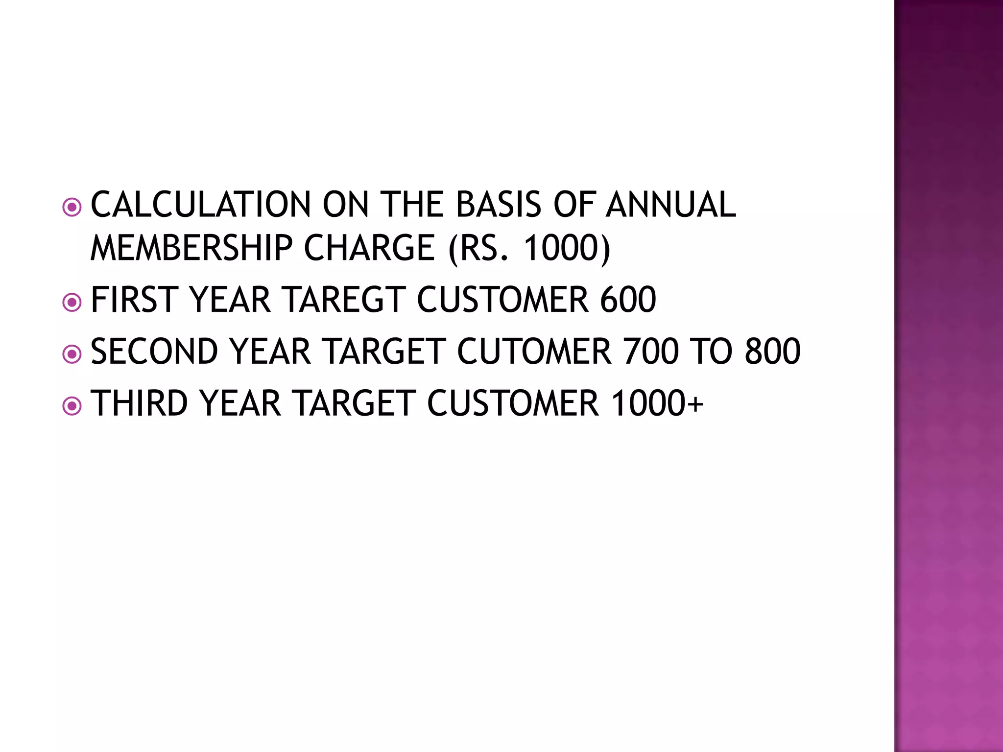  CALCULATION  ON THE BASIS OF ANNUAL
  MEMBERSHIP CHARGE (RS. 1000)
 FIRST YEAR TAREGT CUSTOMER 600
 SECOND YEAR TARGET CUTOMER 700 TO 800
 THIRD YEAR TARGET CUSTOMER 1000+
 
