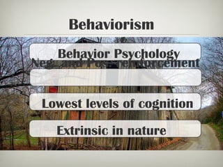 Behaviorism
Behavior Psychology
Neg. and Pos. reinforcement
Extrinsic in nature
Lowest levels of cognition
 