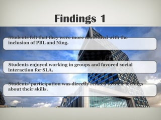 Students felt that they were more motivated with the
inclusion of PBL and Ning.
Students enjoyed working in groups and favored social
interaction for SLA.
Students’ participation was directly related to their feelings
about their skills.
Findings 1
 