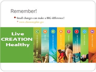 Remember!
Small changes can make a BIG difference!
 www.choosemyplate.gov

(Enter creation logo here)

 