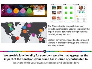 We provide functionality for your own website that aggregates the
impact of the donations your brand has inspired or contributed to
To share with your own customers and stakeholders
The Change Profile embedded on your
website automatically updates to publish the
impact of user donations through statistics,
pictures, video, and text.
Content can be time-tagged and geo-tagged
to make it interactive through the Timeline
and Map features.
 