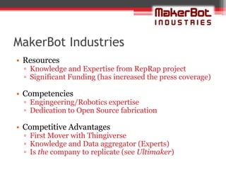 MakerBot Industries
• Resources
 ▫ Knowledge and Expertise from RepRap project
 ▫ Significant Funding (has increased the press coverage)

• Competencies
 ▫ Engingeering/Robotics expertise
 ▫ Dedication to Open Source fabrication

• Competitive Advantages
 ▫ First Mover with Thingiverse
 ▫ Knowledge and Data aggregator (Experts)
 ▫ Is the company to replicate (see Ultimaker)
 