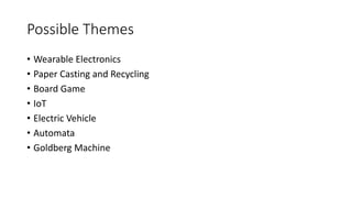 Possible Themes
• Wearable Electronics
• Paper Casting and Recycling
• Board Game
• IoT
• Electric Vehicle
• Automata
• Goldberg Machine
 