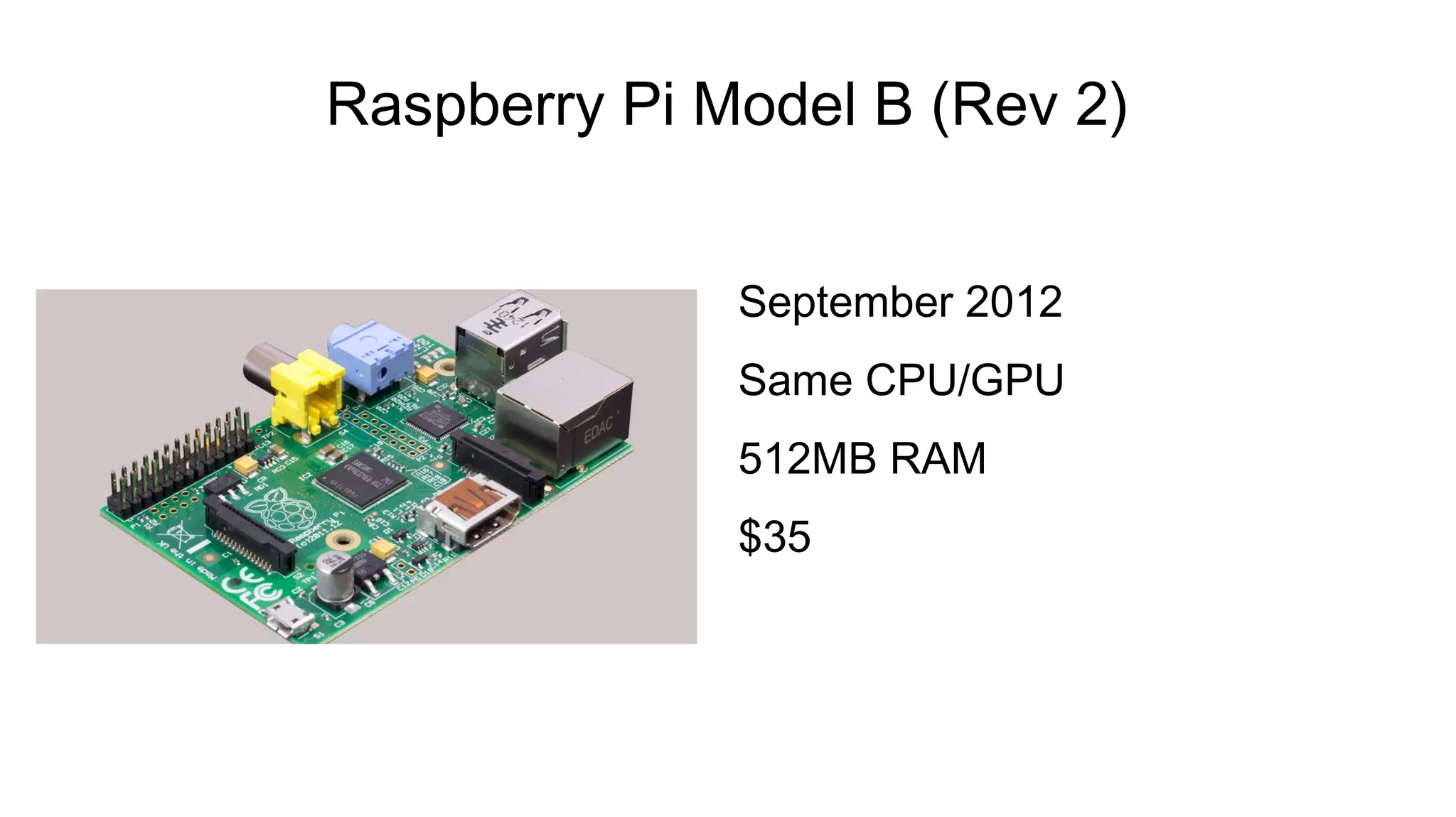 Raspberry Pi Model B (Rev 2)
September 2012
Same CPU/GPU
512MB RAM
$35
 