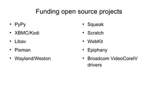Funding open source projects
● PyPy
● XBMC/Kodi
● Libav
● Pixman
● Wayland/Weston
● Squeak
● Scratch
● WebKit
● Epiphany
●...