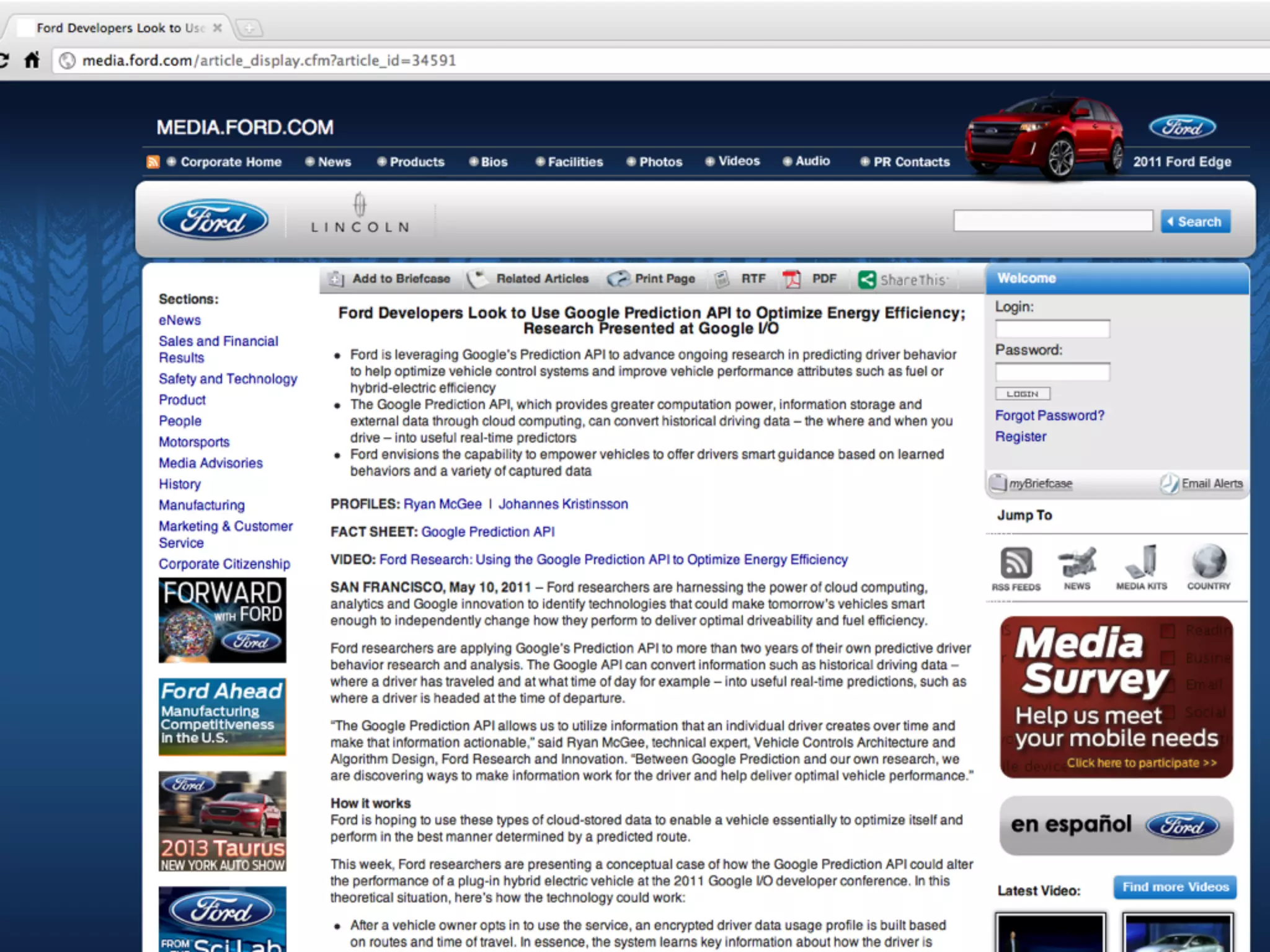  Ford and Google prediction API