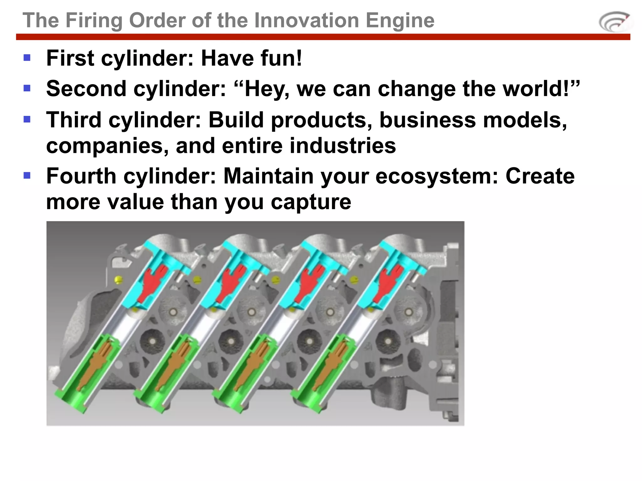 The Firing Order of the Innovation Engine
 First cylinder: Have fun!
 Second cylinder: “Hey, we can change the world!”
 Third cylinder: Build products, business models,
  companies, and entire industries
 Fourth cylinder: Maintain your ecosystem: Create
  more value than you capture
 