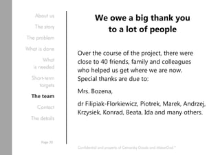 We owe a big thank you
to a lot of people
Over the course of the project, there were
close to 40 friends, family and colleagues
who helped us get where we are now.
Special thanks are due to:
Mrs. Bozena,
dr Filipiak-Florkiewicz, Piotrek, Marek, Andrzej,
Krzysiek, Konrad, Beata, Ida and many others.
Confidential and property of Cetnarsky Goods and MakerGod™
About us
The story
The problem
What is done
What
is needed
Short-term
targets
The team
Contact
The details
Page 20
 