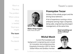 Team’s core
Przemyslaw Teczar
Initiator of the whole project and the
driving force behind it.
A lot of experience running a micro
enterprise serving major companies,
doing sales, engineering and project
management, at the same time.
Michal Monit
Current Phd Candidate with
background in engineering and a knack
for innovation and entrepreneurship.
Singularity University’s GSP’12, Kairos
Global Fellow and Sandbox member.
Makes things happen.
Builds, breaks and repairs Need something out
of the ordinary?
Call me!
Confidential and property of Cetnarsky Goods and MakerGod™
Page 21
About us
The story
The problem
What is done
What
is needed
Short-term
targets
The team
Contact
The details
 