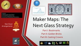 Maker Maps:The
Next Glass Strategy
Star Cloud
Arrangements
MDIA
Contents
V1Working Star CloudTheory
V2Combining and Instancing
V3 Continuous Modeling and Symboletry
All Glass
Part I: Bookmarks
Part II: Golden Bricks
Part III: Casting Crowns
 