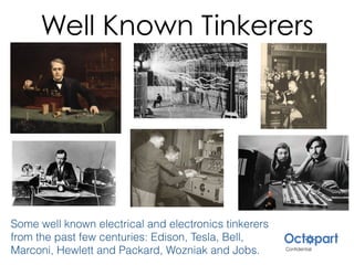 Well Known Tinkerers
Some well known electrical and electronics tinkerers
from the past few centuries: Edison, Tesla, Bell,
Marconi, Hewlett and Packard, Wozniak and Jobs.
 