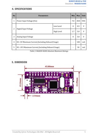 ROBOT.HEAD to TOE
Datasheet - MAKER-NANO
Created by Cytron Technologies Sdn Bhd – All Rights Reserved 5
4. SPECIFICATIONS
No Parameters Min Max Unit
1 Power Input Voltage (Vin) 7.0 30.0 VDC
2 Digital Input Voltage
Low Level 0 0.5 V
High Level 1.7 5.0 V
3 Analog Input Voltage 0 5.0 V
4 DC +5V Maximum Current (Including Onboard Usage) - 100 mA
5 DC +3V3 Maximum Current (Including Onboard Usage) - 50 mA
Table 3: MAKER-NANO Absolute Maximum Ratings
5. DIMENSION
 