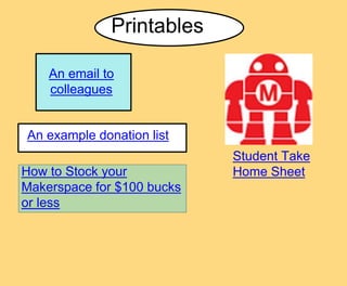An example donation list
Student Take
Home Sheet
An email to
colleagues
Printables
How to Stock your
Makerspace for $100 bucks
or less
 