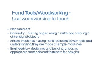 Hand Tools/Woodworking -
Use woodworking to teach:
○ Measurement
○ Geometry – cutting angles using a mitre box, creating 3
dimensional objects
○ Simple Machines – using hand tools and power tools and
understanding they are made of simple machines
○ Engineering – designing and building, choosing
appropriate materials and fasteners for designs
 