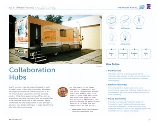 Craftsman Ave.
Startup Connects Makers With
Students To Learn A New Skill
craftsmanave.com
bit.ly/1iCgdYU
Tech Will Save Us
Educational Startup Empowers
Consumers To Become
Creators
techwillsaveus.com
Udemy
Learning Marketplace Lets
Individuals Buy And Sell
Courses, Grows Internationally
udemy.com
bit.ly/1hzSrWU
NATIONAL CAMPAIGN TEACHES LOW-INCOME
COMMUNITIES TO LEVERAGE CRAFT HERITAGE
Etsy’s Craft Entrepreneurship Program brings entrepreneurial
education and advice to low-income craft communities. Inspired
by an Illinois mayor’s Twitter request for Etsy to help his city,
the renowned marketplace sees supplemental income through
Etsy shops as an overlooked strategy for micro-economic
development. Successful Etsy sellers teach classes on how to
market, price and photograph their products; students must have
a craft background in order to attend. The program now operates
in 6 U.S. cities and seems poised to expand in the coming months.
craftentrepreneurship.com
bit.ly/1kw2VgZ
CONTENT CURATOR GATHERS BEST-IN-CLASS
RESOURCES FOR HARDWARE STARTUPS
Blueprint is a web and email newsletter-based media entity
focused exclusively on the trials, tribulations and success
faced by anyone who wants to get in the business of hardware
entrepreneurship. On site, a dedicated ‘Startup Resources’ tab
allows browsers to view a curated list of articles, startups, tools
and Makerspaces worth knowing. At launch, the site already
features extensive databases of resources including reading lists
for different categories and business components, directories of
hacker spaces, existing hardware startups and service providers,
and upcoming event listings.
theblueprint.com/startups
bit.ly/1rgVSIm
STARTUP SCHOOL TEACHES NEEDED EXPERTISE
AND MENTORSHIP
London-based School for Creative Startups is a social-enterprise
business which helps students acquire the skills they need to
transform their talents into viable, creative businesses. During
the part-time curriculum, students receive 120 hours of classes
on branding, budgeting, marketing, planning, pitching, pricing
and also attend business boot camps, where they reﬁne their
business plans. Classes fuse workshops and interactive lessons
with advisory sessions and online resources, culminating in an
end of year celebration showcasing students’ work to press and
potential investors. The school aims to give creative entrepreneurs
essential tools for starting a business including understanding
cash ﬂow, marketing, pricing and their market.
schoolforcreativestartups.com
ind.pn/1qv09KJ
There are 15 million Etsy DIYers
in over 150 countries with 690,000
new members joining every month.
— BitRebels. June 2012
"For many makers, the experience
of going through an incubator
or accelerator program is
instrumental in iterating quickly,
accessing the right connections
and getting to manufacturing as
soon as possible."
— Gwen Elliot. Community Manager. Blueprint
“A third industrial revolution
is stirring—the Maker era. The
skills for this accelerated
era lean toward the agile and
decentralized. Therefore tools
recommended are aimed at small
groups, decentralized communities,
the do-it-yourselfer, and the
self-educated. These possibilities
cataloged here will help Makers
become better Makers.”
— Kevin Kelly. Founding Executive Editor,
Wired Magazine
EXPERT THINKINGOTHER PROJECTS TO CHECK OUT
19#MakersManual
 