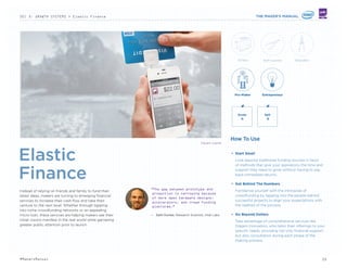 KEY COMPONENTS
— Elastic Finance
— Gated IP
— Instant Scale Production
A new set of services is allowing the Maker community to take
their projects from personal passions to full-fledged product lines
by providing flexible and cost-effective access to financial capital,
copyright management tools and manufacturing facilities. These
resources are emerging to help entrepreneurs compete with
traditional companies by offering scalable solutions that can meet
the demands of a growing business without the need to develop
proprietary tools or invest in permanent infrastructure.
25#MakersManual
 