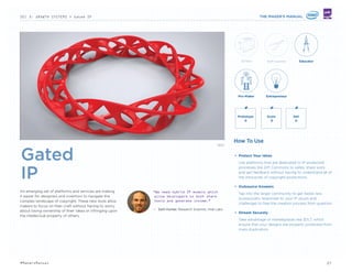 Crowdsurfer
Peer To Peer Finance Platform
Analyzes Data And Intelligently
Recommends Investment
Options
crowdsurfer.com
bit.ly/1pFsgVK
Kickstarter
Crowdfunding Giant Simpliﬁes
Rules For Maker Eligibility
kck.st/1mP2ue3
bit.ly/1pvuxRi
SMALL BUSINESS LOANS PAID BACK WITH A SMALL
PERCENTAGE OF EACH TRANSACTION
Square Capital is a new program that grants small businesses an
inﬂux of cash to get things up and running. The service is part of
the mobile payment service Square and allows business owners
to pay back the loan bit-by-bit each time a customer swipes
their card. Instead of paying back in monthly installments, a small
percentage is paid back to Square from each transaction. Unlike a
traditional loan, the program, which is still in its pilot phase in San
Francisco and New York, is designed for ﬂexibility. For example,
when business is good, businesses can pay back the sum faster;
when foot trafﬁc is a bit slower, the process is still manageable.
squareup.com
bit.ly/1isqYwr
LENDER MINES DATA TO BUILD FLEXIBLE PLANS
FOR STARTUPS AND ENTREPRENEURS
Kabbage's use of data analysis allows it to build different kinds
of loan repayment schedules for small business owners. Because
its clients are primarily online merchants, the company considers
actual performance data as well as standard balance sheets
to construct reasonable loan schedules that provide needed
ﬂexibility for entrepreneurs. Online lending service Kabbage has
received upwards of $270 million in credit, one of the largest
credit facilities ever issued to a small business lender. Since
opening for business almost three years ago, Kabbage has
advanced more than $250 million to small businesses, launching
enterprises which may otherwise never have become realized.
kabbage.com
bit.ly/SXFH6E
HARDWARE STARTUPS VETTED FOR BACKERS AND
OFFERS ADDITIONAL SEED FUNDING
Dragon Innovation works with Makers to certify, crowdfund
and manufacture their projects, intended to help small creators
move designs from the startup phase to the factory. Created as a
consulting ﬁrm for hardware entrepreneurs, Dragon Innovation’s
experienced team provides advisory and mentoring services
from concept design review all the way to manufacturing project
management. The “Dragon Certiﬁcation” process of selection
and vetting instills conﬁdence in the project’s potential backers,
increasing the project’s chances for securing funding. In addition,
the ﬁrm is offering $100,000 in seed funding for projects that
raise over $1 million on its crowdfunding platform.
dragoninnovation.com
bit.ly/1aCEBFQ
“What we see in the Maker Movement, is that a
relatively small amount of people can have a
big impact. You don’t necessarily need the
world’s largest company behind you.”
— Dale Dougherty. CEO of Maker Media and
Creator of Maker Faire
Makers fuel business with some $29 billion
poured into the world economy each year.
— USA Today. 2014
Approximately 135 million U.S. adults are
Makers: “People who employ their creative
skills in craft activities, such as making
clothing, jewelry, baked goods or works of
craft or art. That’s 57% of the American
population age 18 and up.
— USA Today. 2013
EXPERT THINKINGOTHER PROJECTS TO CHECK OUT
27#MakersManual
 