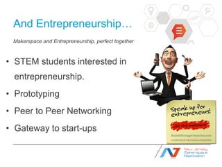 And Entrepreneurship…
 Makerspace and Entrepreneurship, perfect together



• STEM students interested in
  entrepreneursh...