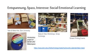 Entspannung, Spass, Interesse:SocialEmotional Learning
Take & Make Kits, Elon University
https://www.elon.edu/u/fa/technology/makerhub/events-calendar/take-make/
Make & Take Workshops, Scrap
Exchange
Introductory
project at
BEAM UNC
Makerspace
Screen Printing Events
 