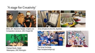 ‘A stage for Creativity’
ENGL 307, Marianne Gingher, English and
Comparative Literature, UNC Chapel Hill
Zines (Dropbox & Zine Kit), AppState
The Scrap Exchange,
https://scrapexchange.org/
Podcast Studio, Digital
Makerspace, UNC Wilmington
 