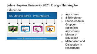 Johns Hopkins University 2021: Design Thinking for
Education
o asynchron
o 8 Teilnehmer
o Studierende in
Gruppen
(ebenfalls
asynchron)
o Master of
Education
o Materialien und
Diskussion in
Blackboard
 