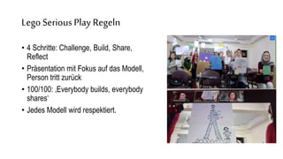 Lego SeriousPlay Regeln
• 4 Schritte: Challenge, Build, Share,
Reflect
• Präsentation mit Fokus auf das Modell,
Person tritt zurück
• 100/100: ‚Everybody builds, everybody
shares‘
• Jedes Modell wird respektiert.
 