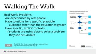 The Mind Lab by Unitec | 2016The Mind Lab by Unitec | Teaching and Learning | 2016The Mind Lab by Unitec | 2016
Real World Problems
Are experienced by real people
Have solutions for a specific, plausible
audience other than the educator as grader
Have specific, explicit contexts
If students are using data to solve a problem,
they use actual data
ITL. (2013). 21st Century Learning Design. Retrieved from:
http://www.itlresearch.com/itl-leap21
Walking The Walk
 