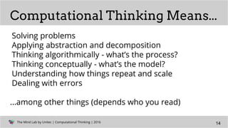 The Mind Lab by Unitec | Computational Thinking | 2016The Mind Lab by Unitec | Computational Thinking | 2016
Computational Thinking Means...
Solving problems
Applying abstraction and decomposition
Thinking algorithmically - what’s the process?
Thinking conceptually - what’s the model?
Understanding how things repeat and scale
Dealing with errors
...among other things (depends who you read)
14
 