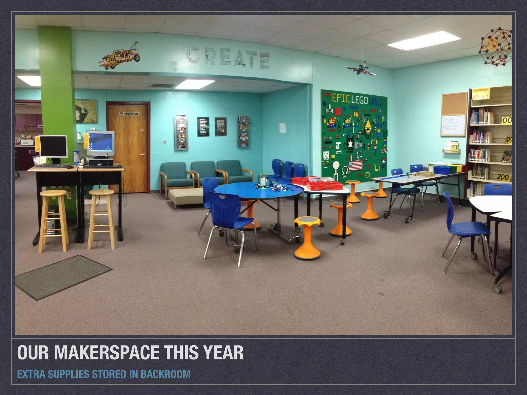 OUR MAKERSPACE THIS YEAR 
EXTRA SUPPLIES STORED IN BACKROOM 
 
