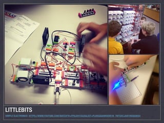 LITTLEBITS 
SIMPLE ELECTRONICS HTTPS://WWW.YOUTUBE.COM/WATCH?V=FPHJ2H1C8JE&LIST=PLHXGG0AWHXDR1N_7MTGXCJAW1REQGSKO4 
 