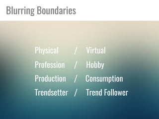 Blurring Boundaries
Physical
Profession Hobby
Trend Follower
Production Consumption
Virtual
Trendsetter