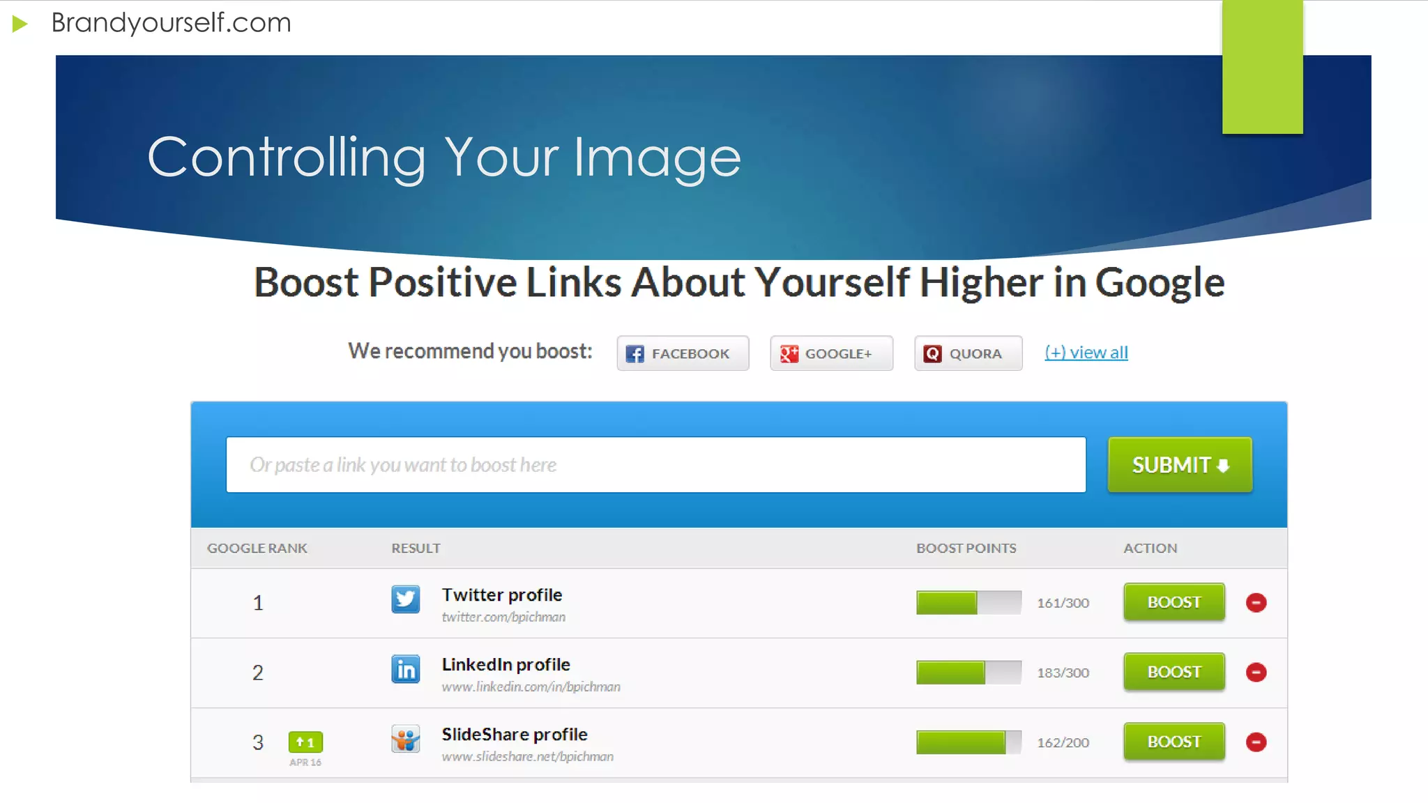 Controlling Your Image
 Brandyourself.com
 