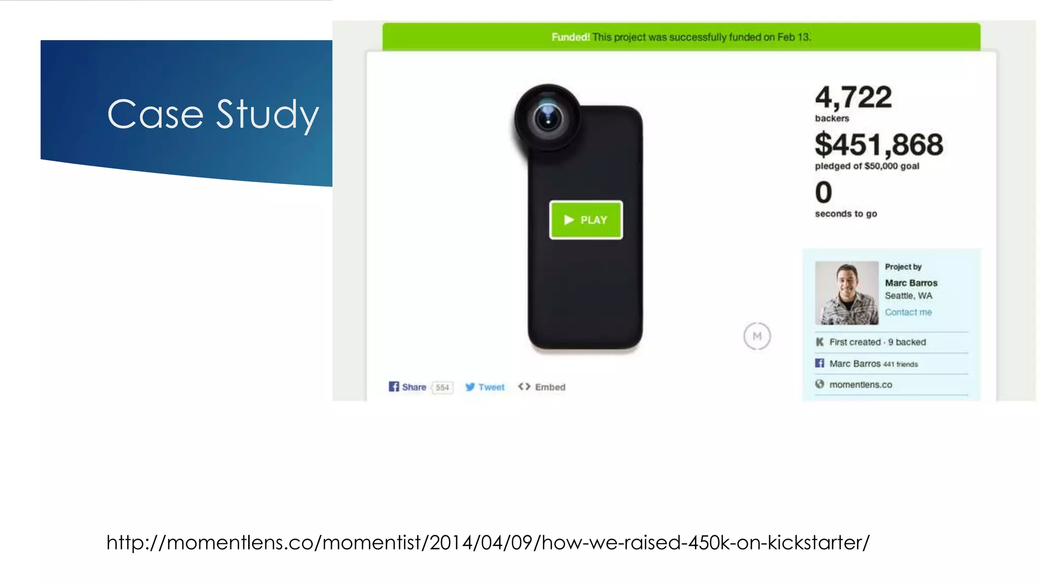 Case Study
http://momentlens.co/momentist/2014/04/09/how-we-raised-450k-on-kickstarter/
 
