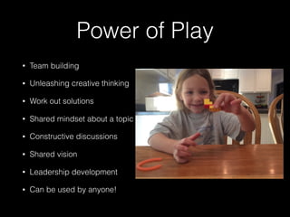 Power of Play
• Team building
• Unleashing creative thinking
• Work out solutions
• Shared mindset about a topic
• Constructive discussions
• Shared vision
• Leadership development
• Can be used by anyone!
 