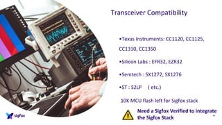 Transceiver Compatibility
•Texas Instruments: CC1120, CC1125,
CC1310, CC1350
•Silicon Labs : EFR32, EZR32
•Semtech : SX1272, SX1276
•ST : S2LP ( etc.)
44
10K MCU flash left for Sigfox stack
Need a Sigfox Verified to integrate
the Sigfox Stack
 