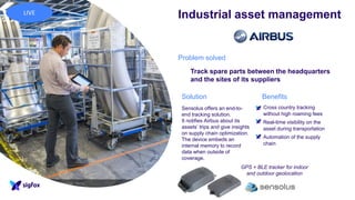 Sensolus offers an end-to-
end tracking solution.
It notifies Airbus about its
assets’ trips and give insights
on supply chain optimization.
The device embeds an
internal memory to record
data when outside of
coverage.
Problem solved
Track spare parts between the headquarters
and the sites of its suppliers
BenefitsSolution
▪ Cross country tracking
without high roaming fees
▪ Real-time visibility on the
asset during transportation
▪ Automation of the supply
chain
Industrial asset management
GPS + BLE tracker for indoor
and outdoor geolocation
LIVE
 