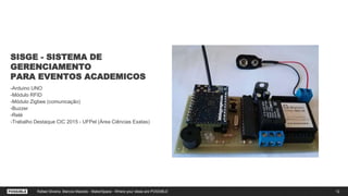 SISGE - SISTEMA DE
GERENCIAMENTO
PARA EVENTOS ACADEMICOS
-Arduino UNO
-Módulo RFID
-Módulo Zigbee (comunicação)
-Buzzer
-Relé
-Trabalho Destaque CIC 2015 - UFPel (Área Ciências Exatas)
12Rafael Silveira, Marcos Macedo - MakerSpace - Where your ideas are POSSIBLE
 