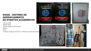SISGE - SISTEMA DE
GERENCIAMENTO
DE EVENTOS ACADEMICOS
13
-Arduino UNO
-Módulo RFID
-Módulo Zigbee (comunicação)
-Buzzer
-Relé
-Trabalho Destaque CIC 2015 - UFPel (Área Ciências Exatas)
Rafael Silveira, Marcos Macedo - MakerSpace - Where your ideas are POSSIBLE
 