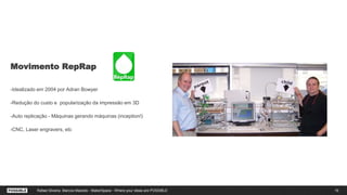 19Rafael Silveira, Marcos Macedo - MakerSpace - Where your ideas are POSSIBLE
Movimento RepRap
-Idealizado em 2004 por Adran Bowyer
-Redução do custo e popularização da impressão em 3D
-Auto replicação - Máquinas gerando máquinas (inception!)
-CNC, Laser engravers, etc
Replicating Rapid-Prototypers
 