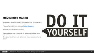 MOVIMENTO MAKER
-Adepotos a ideologia do Faça você mesmo (DO IT YOURSELF)
-”Nasceu” em 2005 com a revista Maker Magazine
-Estimula a criatividade e inovação
-Se popularizou com a invenção da plataforma Arduino 2005
-O empreendedorismo está fortemente presente no movimento
Maker
4Rafael Silveira, Marcos Macedo - MakerSpace - Where your ideas are POSSIBLE
 
