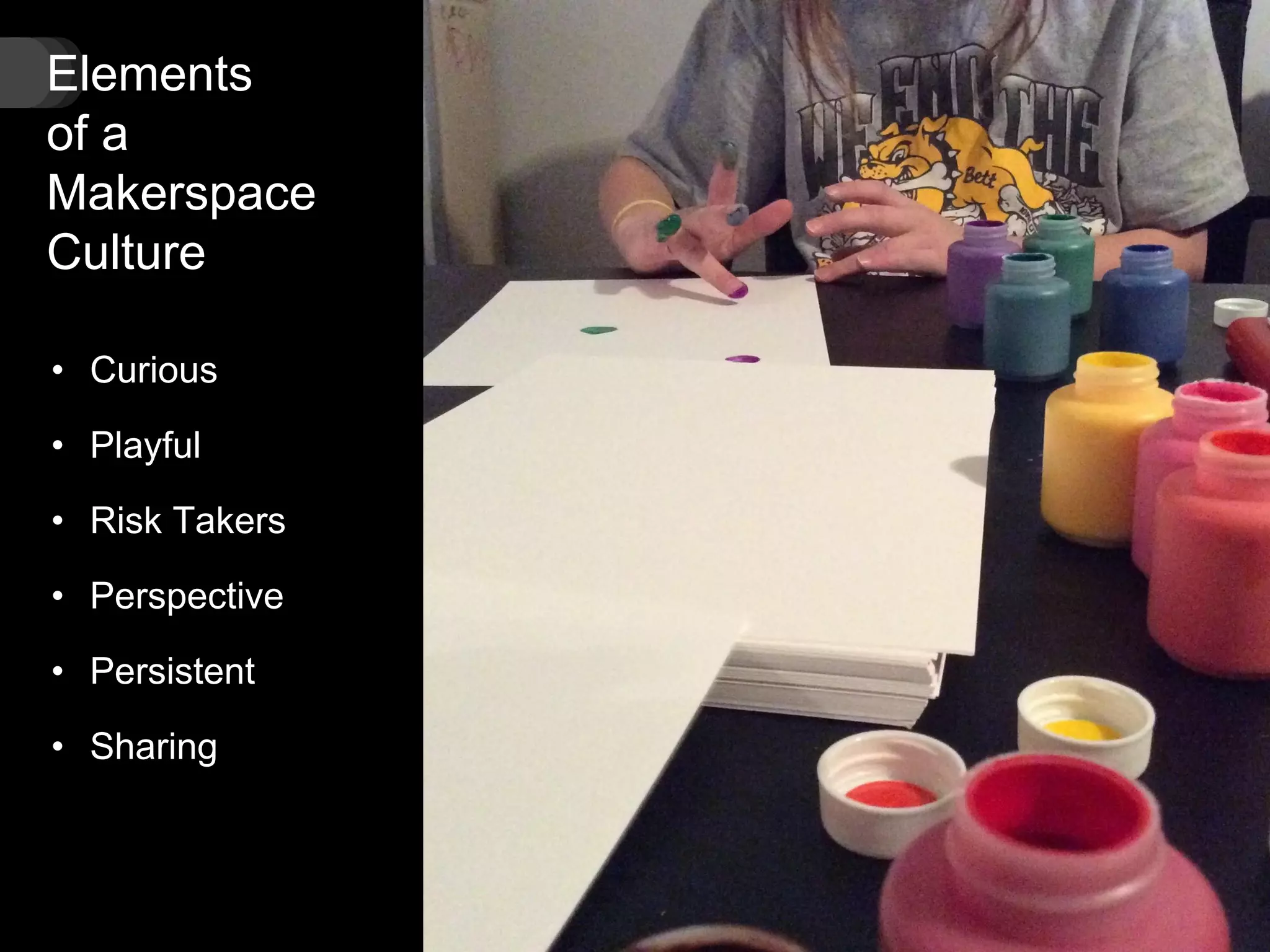 Elements
of a
Makerspace
Culture
• Curious
• Playful
• Risk Takers
• Perspective
• Persistent
• Sharing
 