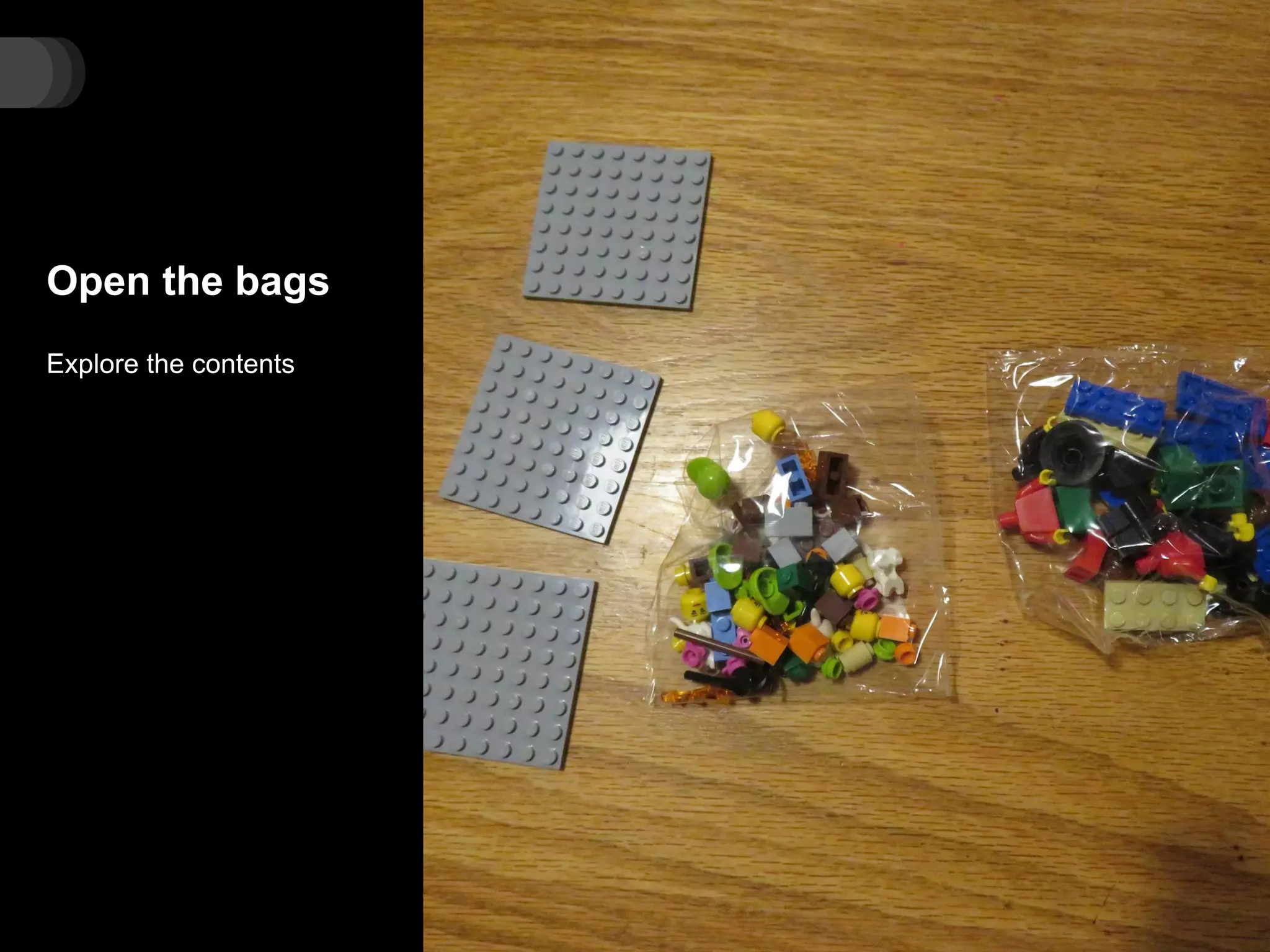 Open the bags
Explore the contents
 