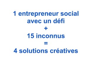 1 entrepreneur social
     avec un défi
          +
    15 inconnus
          =
4 solutions créatives
 