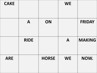 CAKE WE
A ON FRIDAY
RIDE A MAKING
ARE HORSE WE NOW.
 