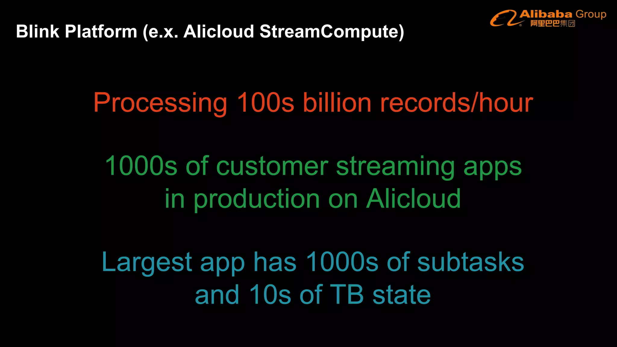 Structured Streaming @
Processing 100s billion records/hour
1000s of customer streaming apps
in production on Alicloud
Largest app has 1000s of subtasks
and 10s of TB state
Blink Platform (e.x. Alicloud StreamCompute)
 