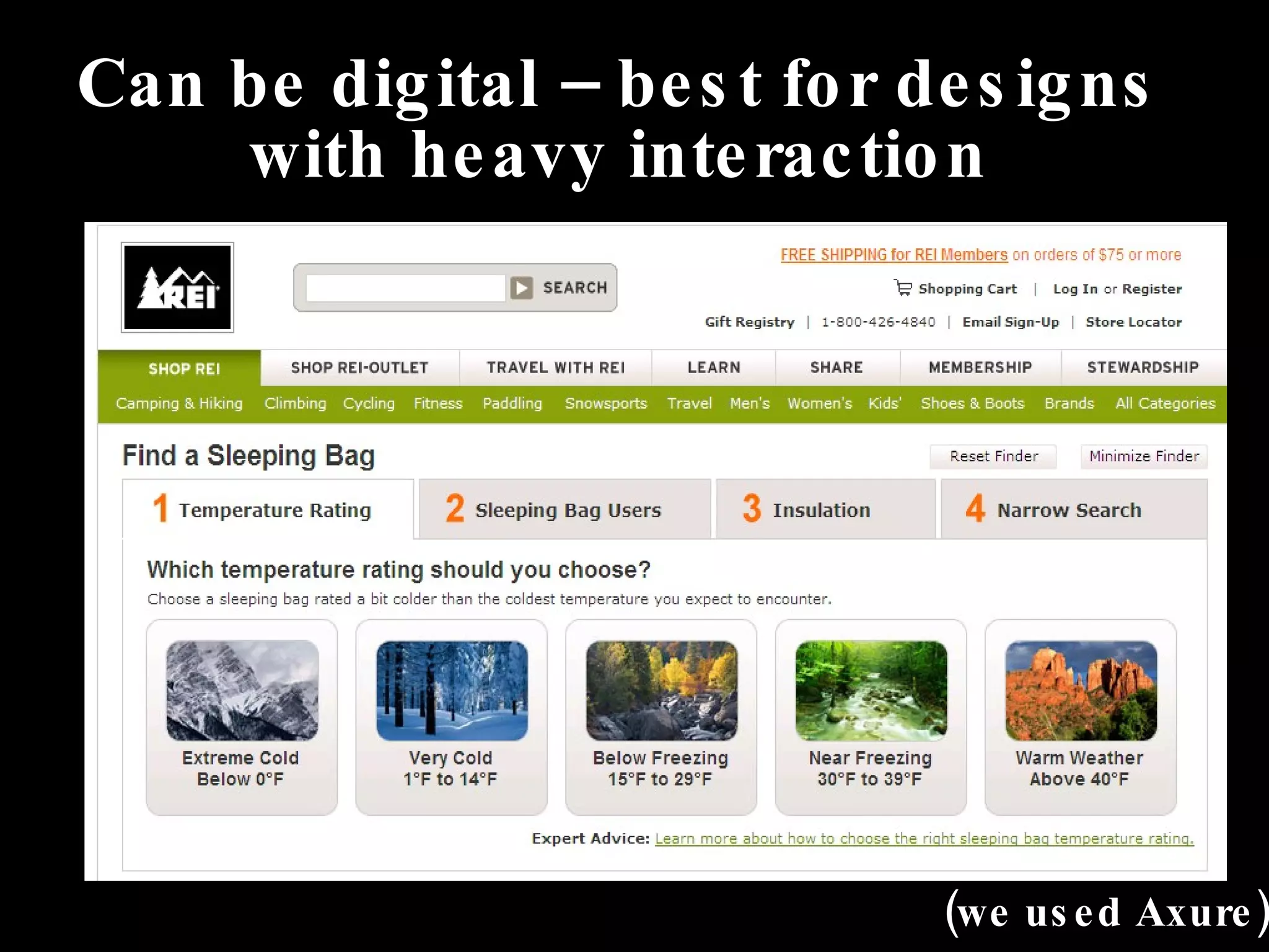 Can be digital – best for designs with heavy interaction (we used Axure) 