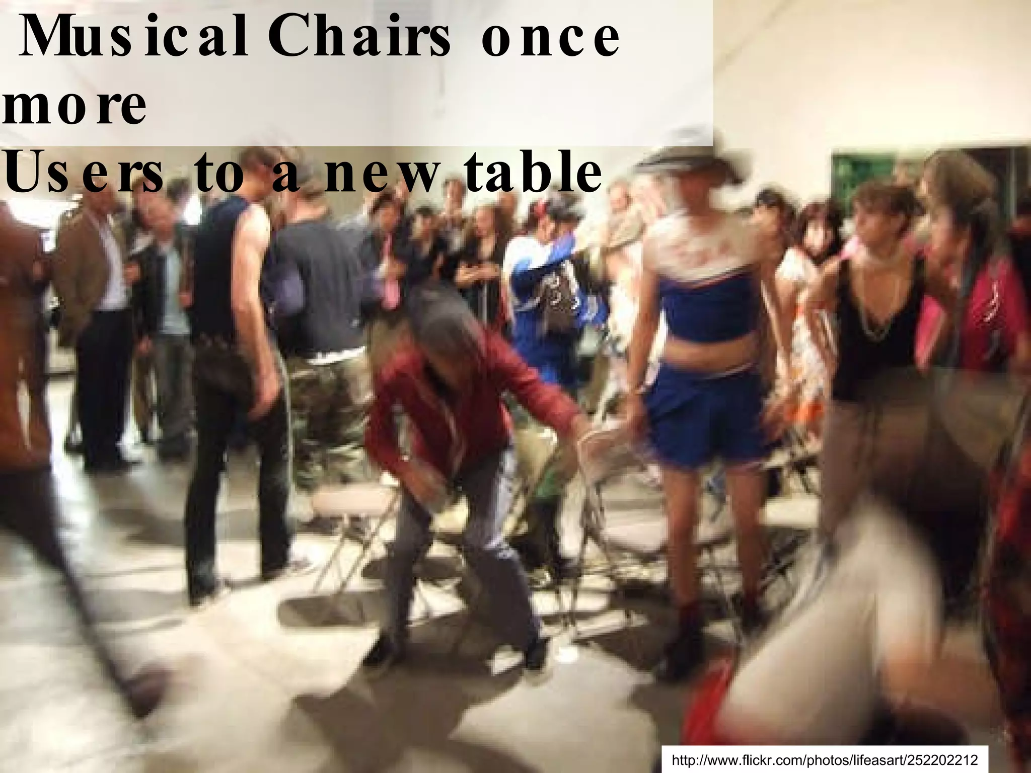 http://www.flickr.com/photos/lifeasart/252202212 Musical Chairs once more Users to a new table 