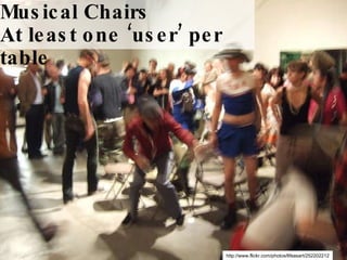 http://www.flickr.com/photos/lifeasart/252202212 Musical Chairs At least one ‘user’ per table 