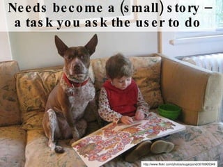 http://www.flickr.com/photos/sugarpond/3016905349 Needs become a (small) story – a task you ask the user to do 