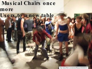 http://www.flickr.com/photos/lifeasart/252202212 Musical Chairs once more Users to a new table 